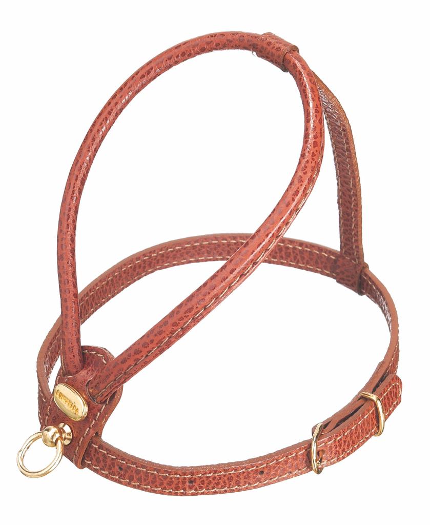 Arnes Marron de Cinopelca. Arnes de piel para caniche. arnes no enreda pelo caniche