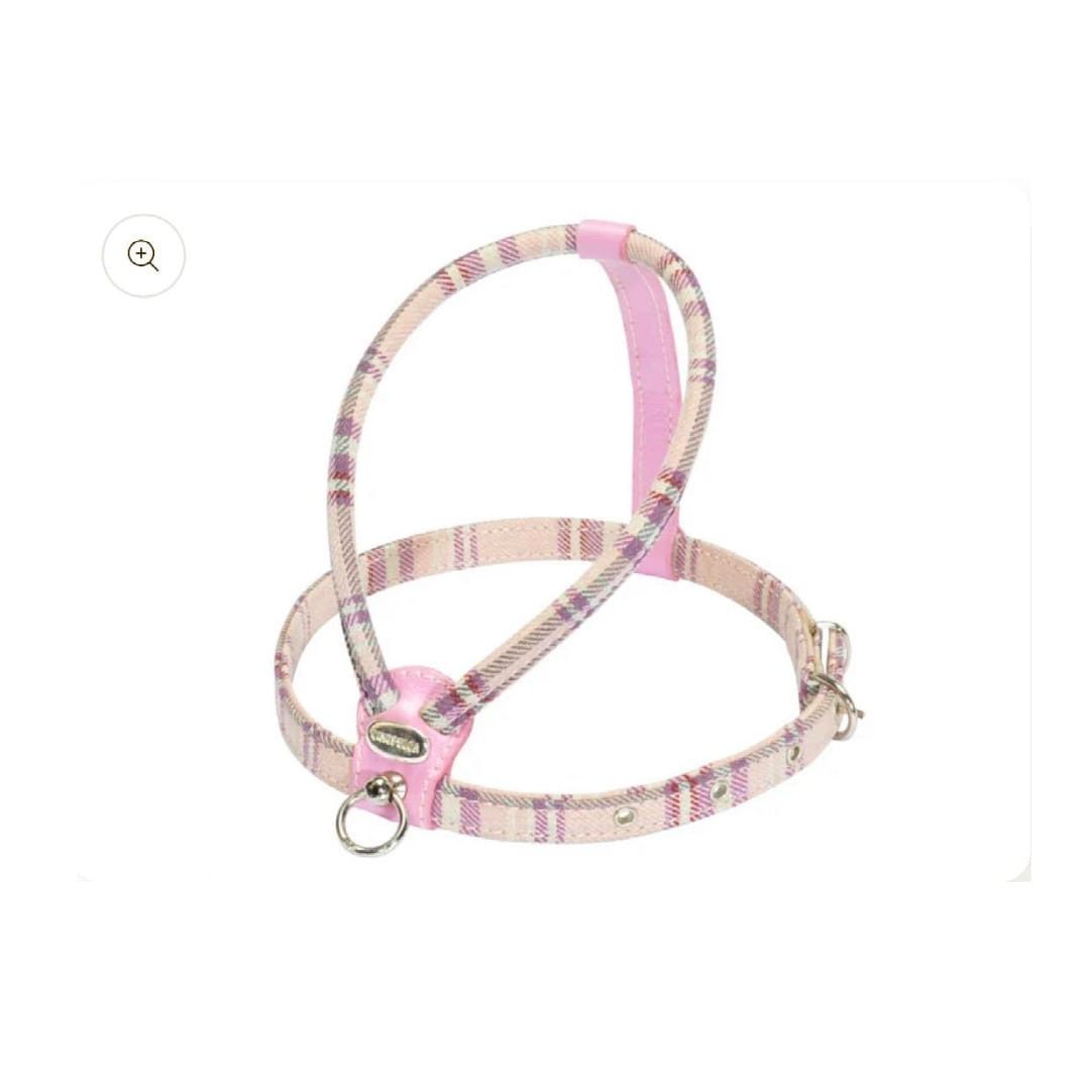 Arnes Tartan Rosa de Cinopelca. arnes de piel de cinopelca italia. arnes rosa para caniche toy