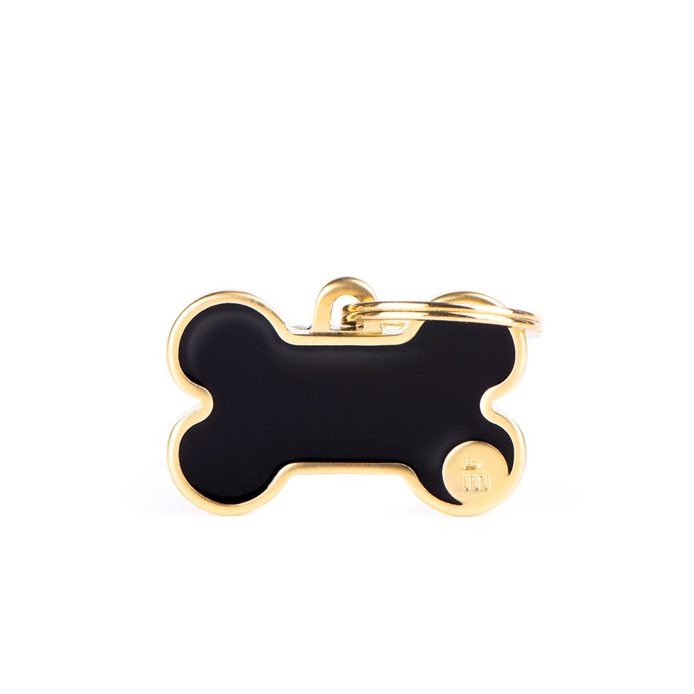 Chapa-para-personalizar-con-el-nombre-de-tu-perro-de-Salvaterra-de-Magos-Chapa-con-borde-dorado-y-color-negro-con-forma-de-hueso
