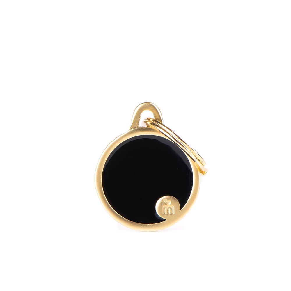Chapa-para-personalizar-con-el-nombre-de-tu-perro-de-Salvaterra-de-Magos-Chapa-con-borde-dorado-y-color-negro