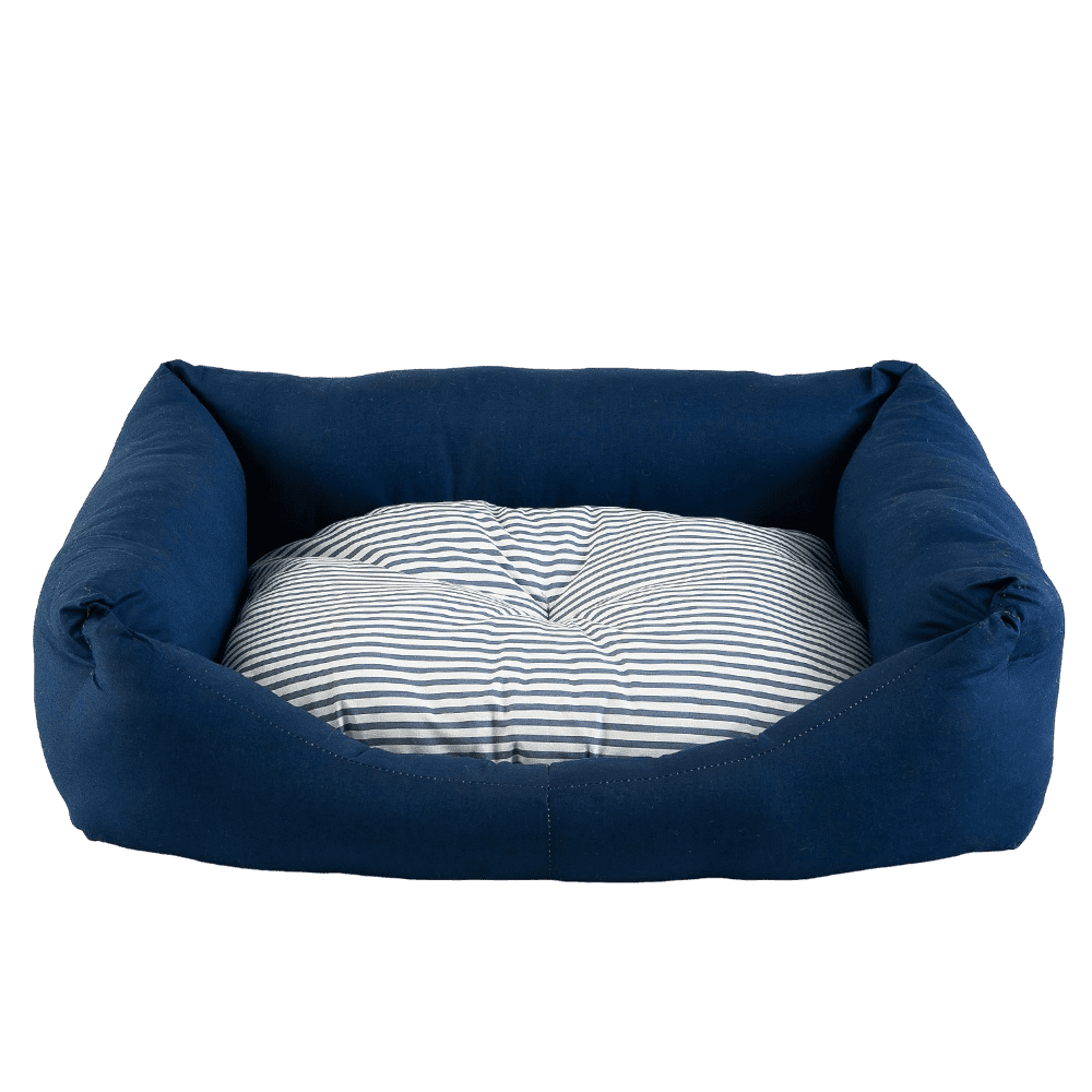 cama perro azul cojin rayas