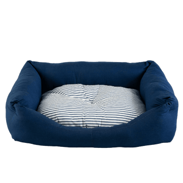 cama perro azul cojin rayas
